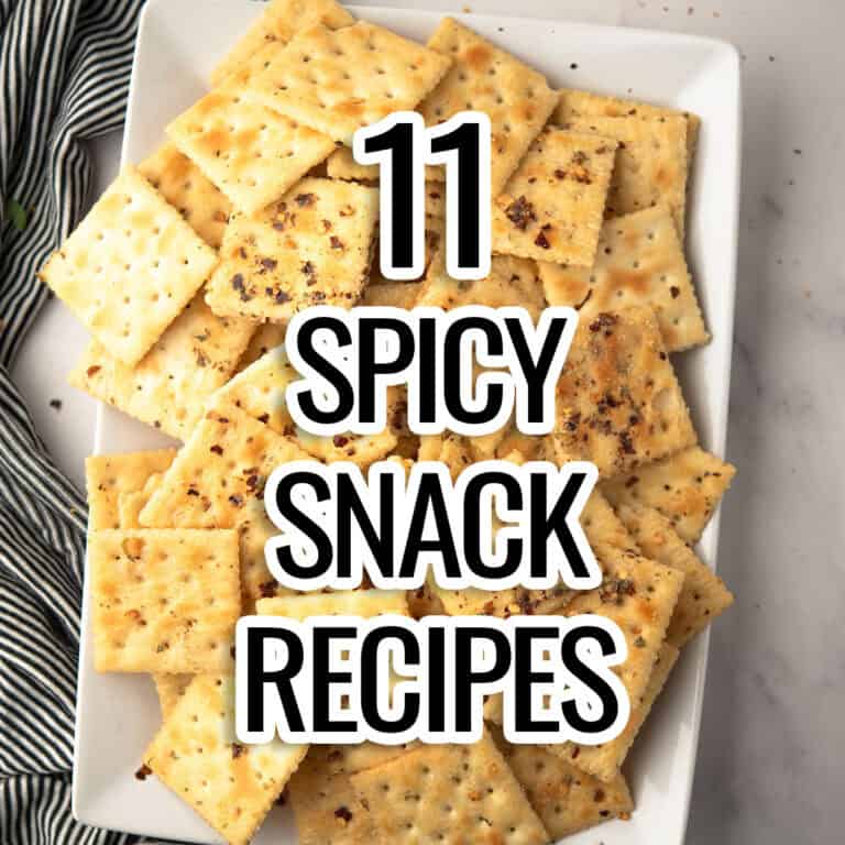 spicy snack recipes font placed over the bowl of crackers.