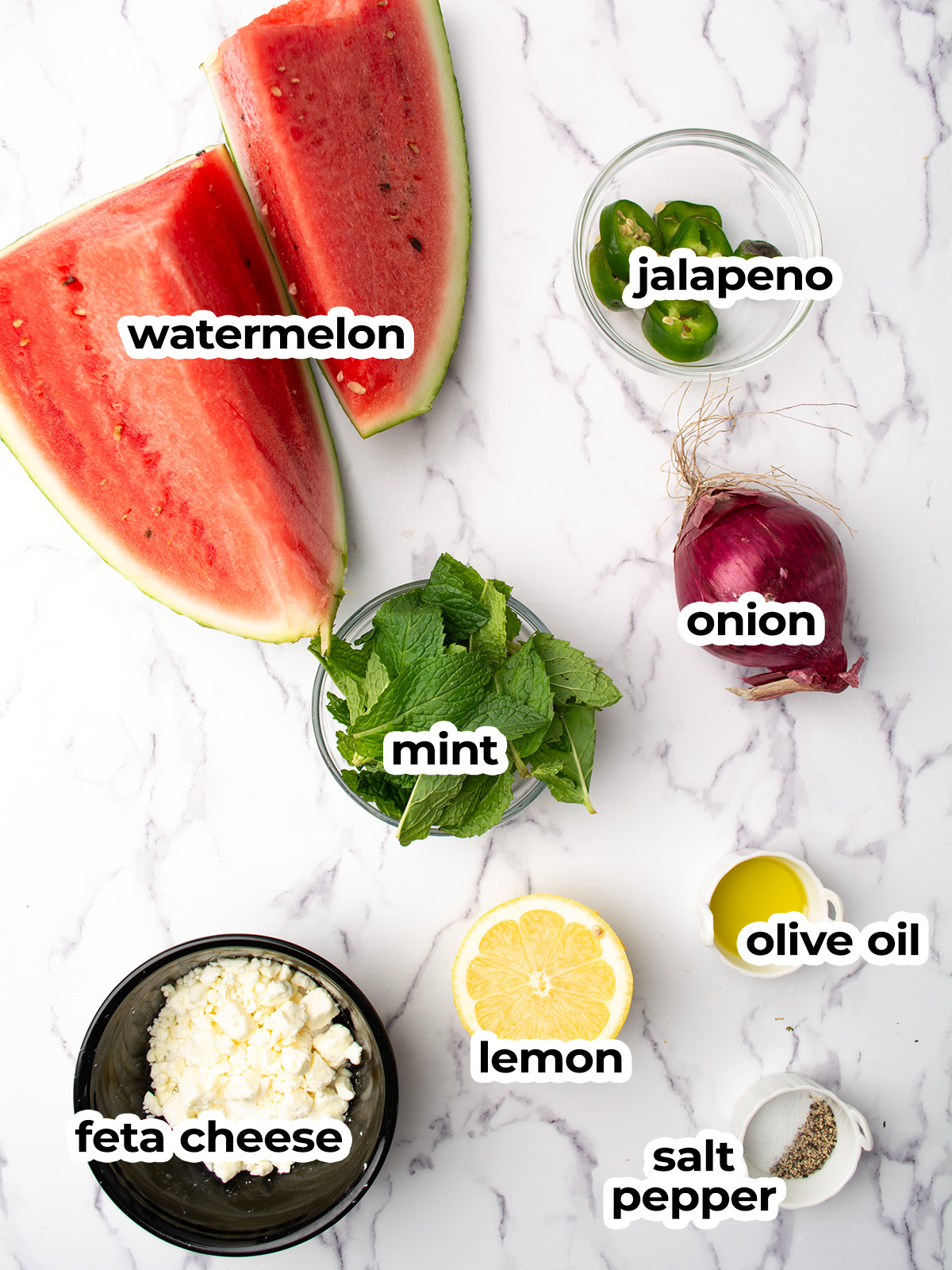 watermelon jalapeno salad ingredients assembled on the kitchen counter.