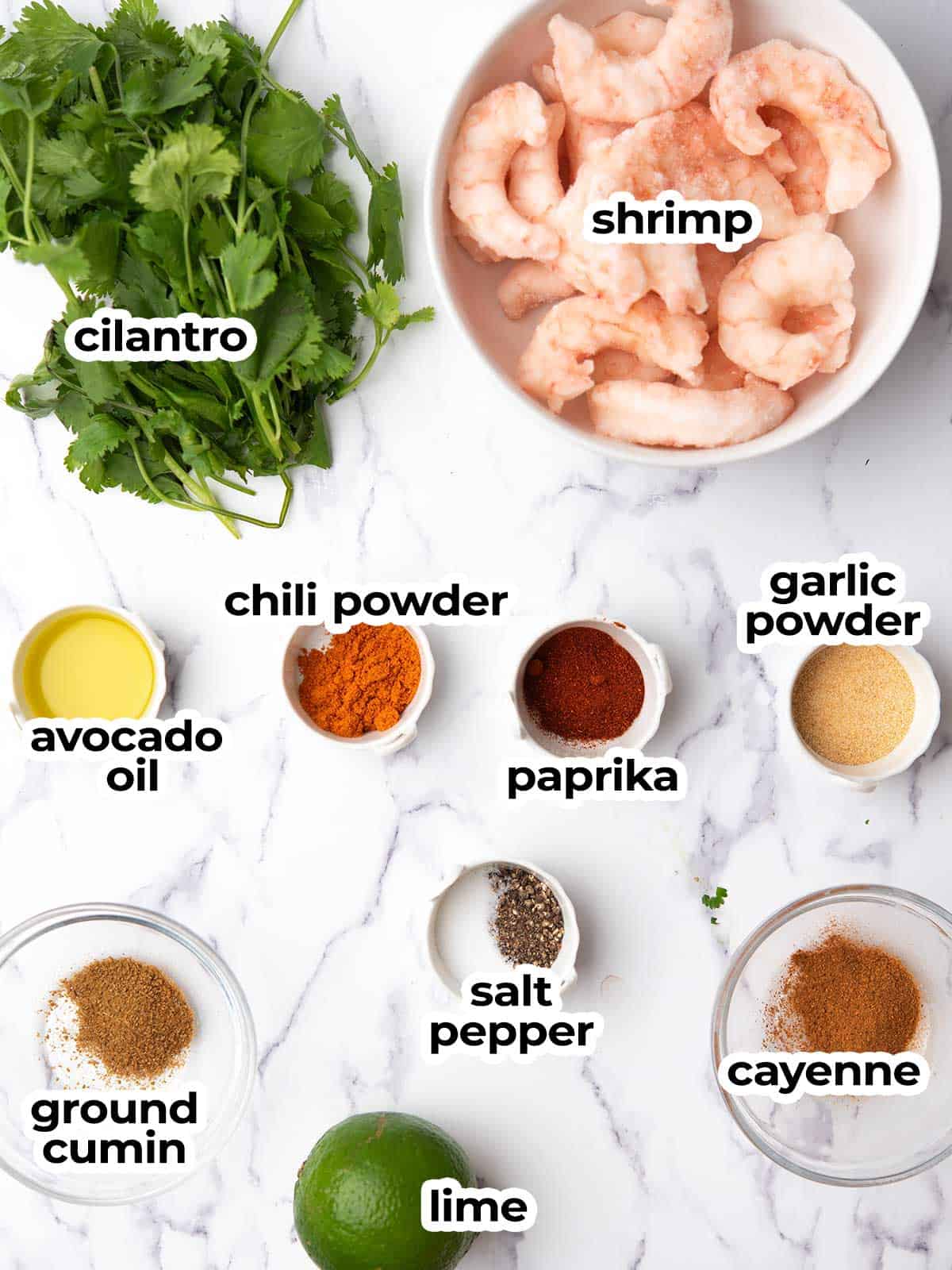 the ingredients for the chili lime shrimp arranged in the kitchen counter.
