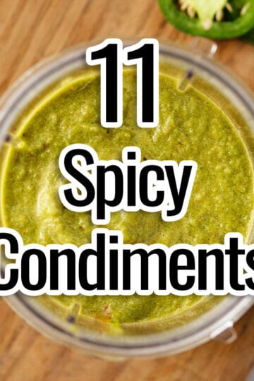 spicy condiments text overlay on bowl of spicy mariande.