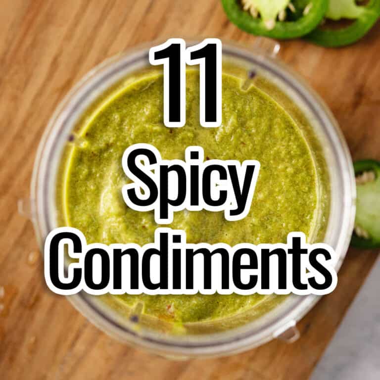 spicy condiments text overlay on bowl of spicy mariande.
