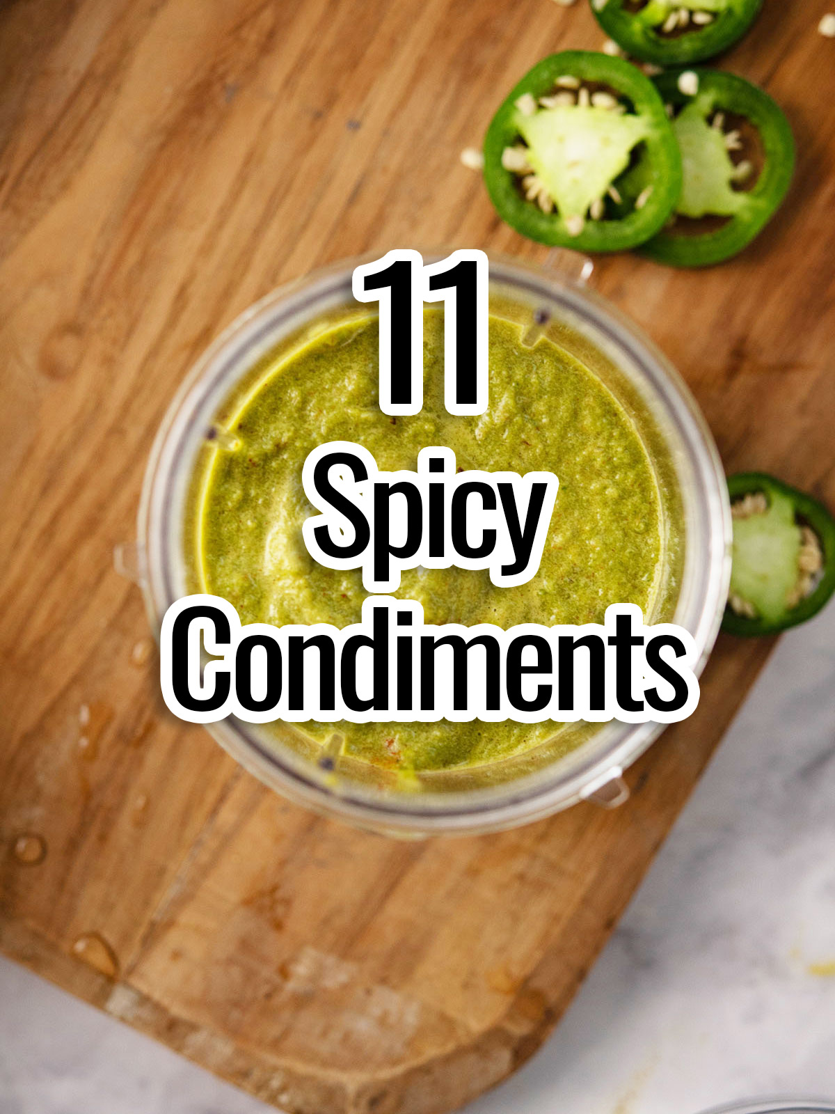 the text spicy condiment is on a mardinade in the kitchen counter.