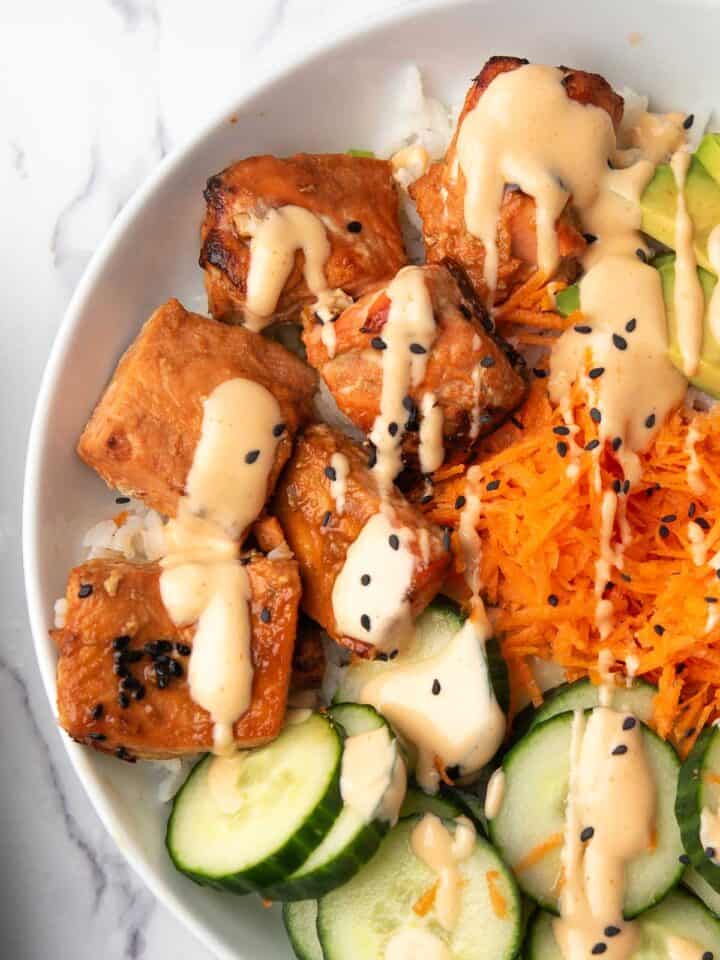 Spicy Salmon Bowl - Soy Honey Glazed Salmon - Pepper Bowl