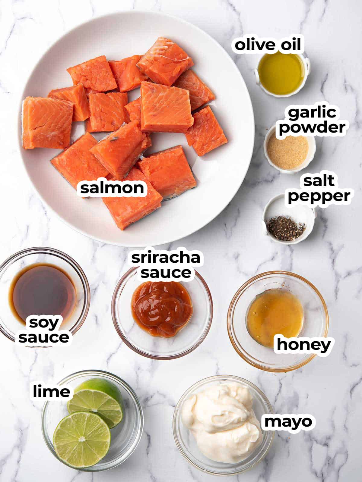 the ingredients for the spicy salmon bowl arranged in the kitchen counter.