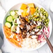 teiyaki chicken poke bowl with teriyaki chicken, carrots, rice, pickled onion, edamame, served with a spoon for the dinner.