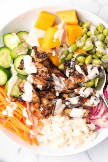 teiyaki chicken poke bowl with teriyaki chicken, carrots, rice, pickled onion, edamame, served with a spoon for the dinner.