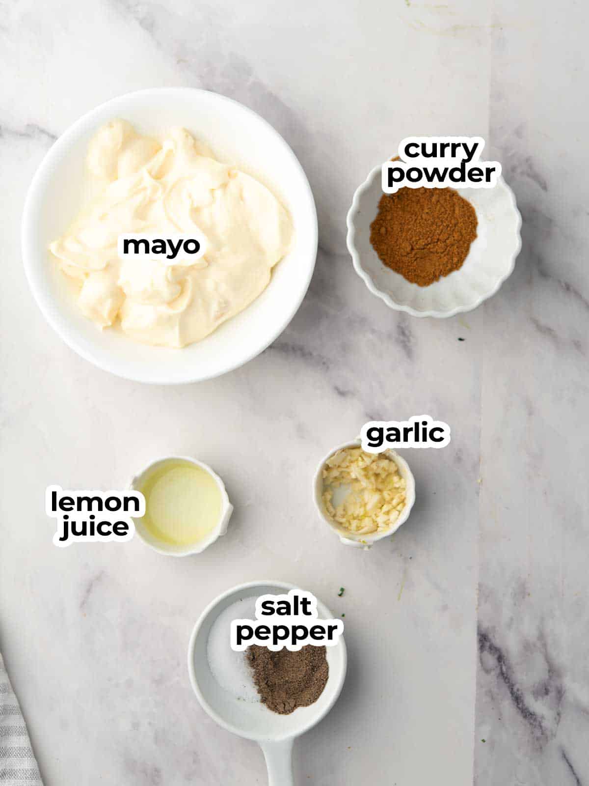 curry aioli ingredients are placed in the kitche counter.