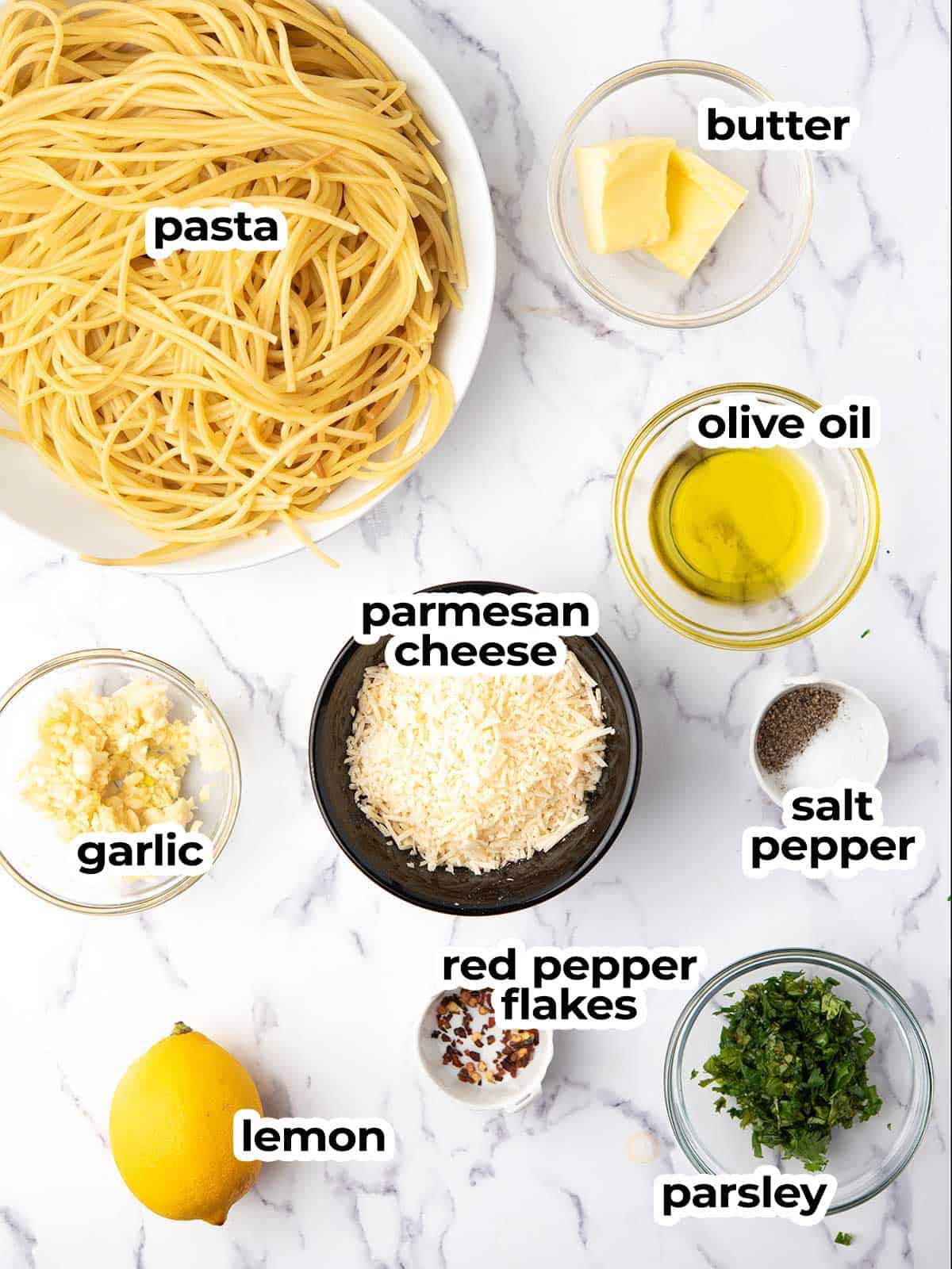 ingredients for the lemon pepper pasta placed in the kitchen counter.