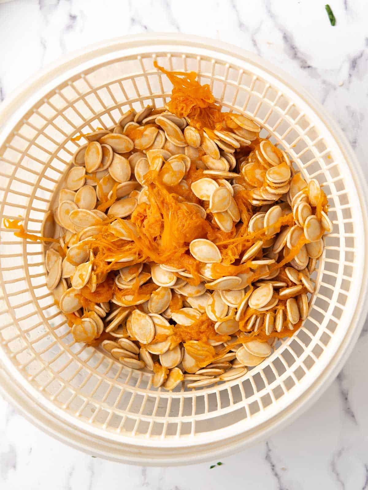 Raw pumpkin seeds mixed with orange pumpkin pulp in a white colander.