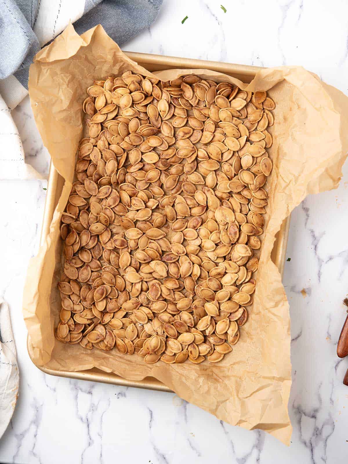 Roasted pumpkin seeds in a white bowl with colorful ground spices and salt added.